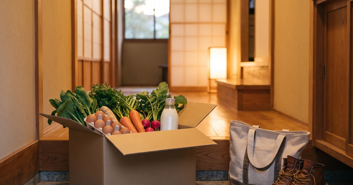 玄関に届いた段ボール箱に野菜や卵、牛乳が入っている様子