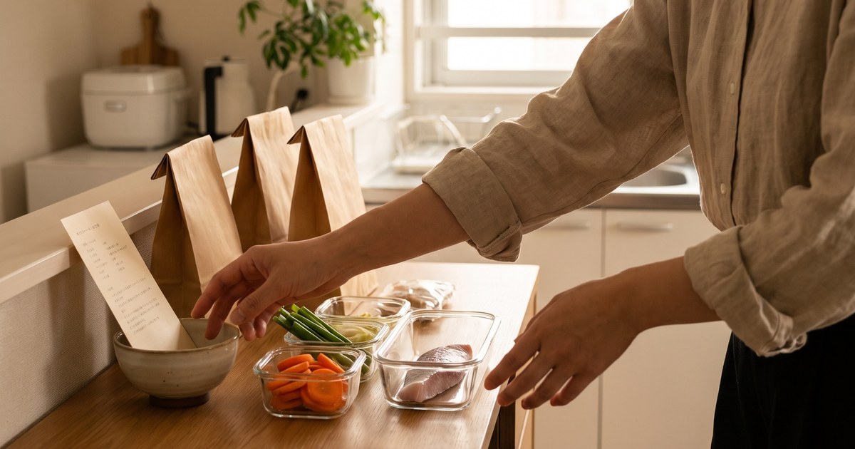 キッチンのカウンターに1食分ずつ分けた食材と紙袋が並んでいる様子