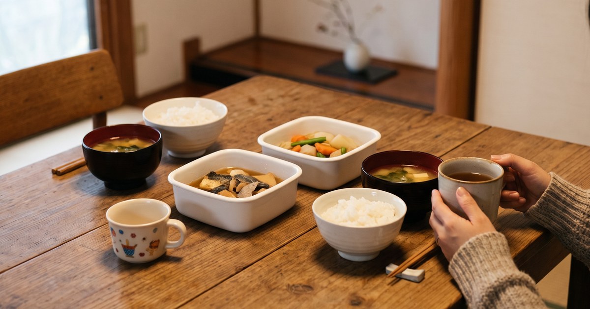 木のテーブルに白い容器のおかずとご飯、みそ汁が並ぶ平日の夕食